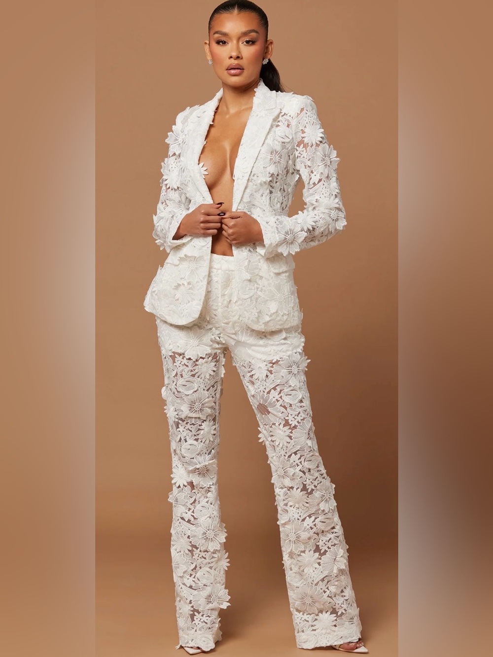 Fashion Nova White 3D Floral Lace Wide-Leg Pants - Picture 4 of 6